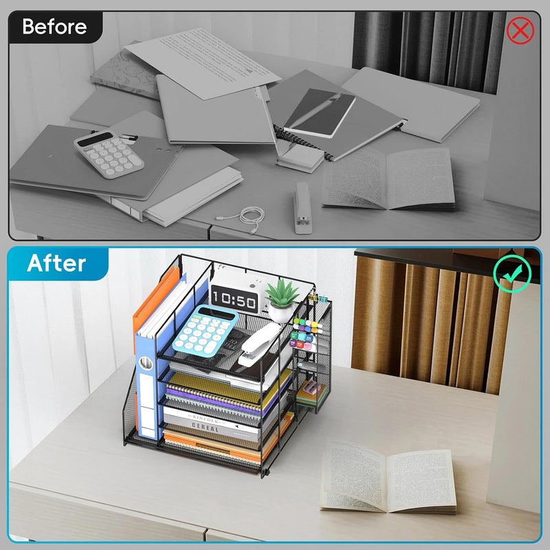 ReePlan 5-Tier Paper Organizer + File Holder + 4 Pen Holders, Desk Organizer Paper Letter Tray for Home, Office and School Supplies, Black - Image 5